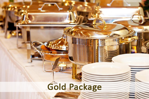 men in blue suits choosing food at a banquet